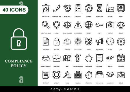 A collection of forty professional line art icons for business compliance, security, and corporate policy management. Stock Vector