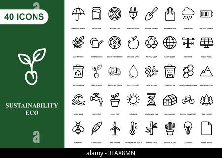 A comprehensive collection of forty line art icons representing environmental sustainability and green energy concepts. Stock Vector