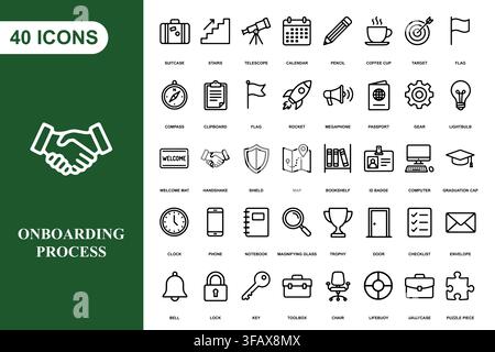 A comprehensive collection of forty professional line art icons for business, management, and onboarding workflows. Stock Vector