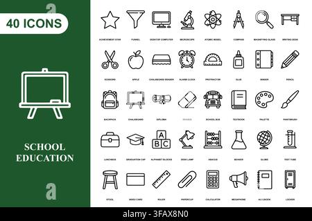 A collection of forty outline icons representing school supplies, classroom objects, and educational learning tools. Stock Vector