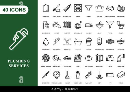 A comprehensive collection of forty linear icons representing plumbing tools, bathroom fixtures, and repair services. Stock Vector