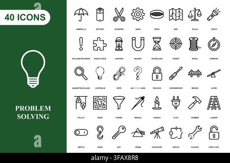 A collection of forty linear icons representing problem solving tools and conceptual business solutions. Stock Vector