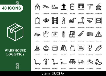 A comprehensive collection of forty line art icons for warehouse management, shipping, and logistics operations. Stock Vector
