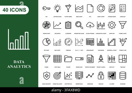 A comprehensive collection of forty line art icons representing data analytics, business charts, and digital statistics. Stock Vector