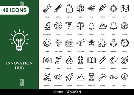 A comprehensive collection of forty linear icons representing science, technology, and creative innovation concepts. Stock Vector