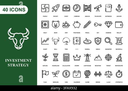 A collection of forty outline icons representing business, finance, investment, and growth strategies. Stock Vector