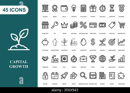 A collection of forty five line art icons representing business finance, capital growth, and corporate strategy. Stock Vector