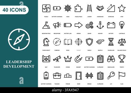A collection of forty business and leadership development line art icons for professional projects. Stock Vector
