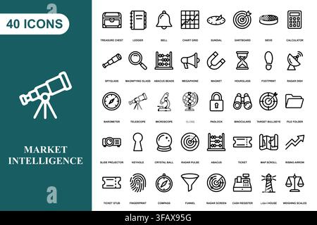A collection of 40 linear icons representing business, science, research, and analytical tools for professional design. Stock Vector