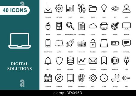 A comprehensive collection of forty linear icons representing digital technology, business, and web development concepts. Stock Vector