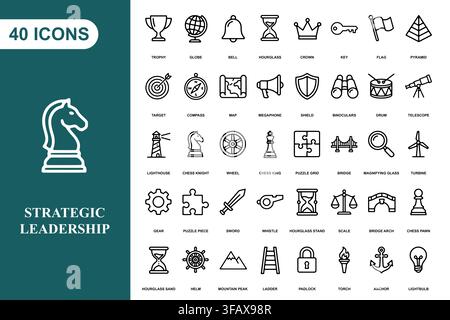 A collection of forty outline icons representing business strategy, leadership, and professional development concepts. Stock Vector