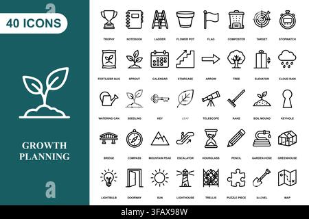 A collection of forty outline icons representing business growth, nature, planning, and development concepts. Stock Vector