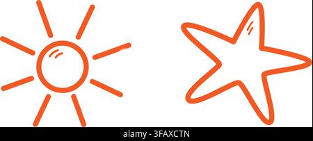 Sun and Starfish Doodle Icons in Minimal Orange Outline Style for Beach Design Mediterranean Summer. Isolated Vector illustration Stickers, logos, beach branding, summer cards, label or travel designs Stock Vector
