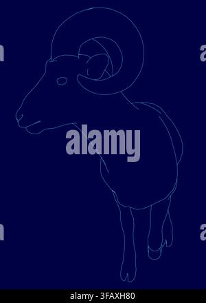A blue line drawing of a ram's head, representing the Aries zodiac sign, features a bold contour on a solid background. Stock Vector