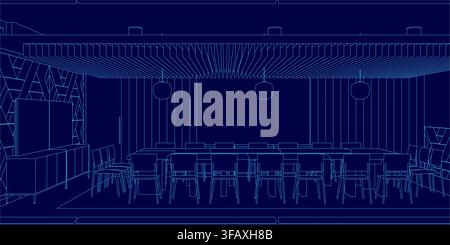 A detailed restaurant blueprint reveals the interior design with tables and chairs arranged for optimal meeting space, outlined in precise contour lin Stock Vector