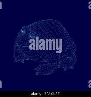A plump frog wireframe model in 3D, rendered with a geometric mesh structure on a solid blue background. Stock Vector