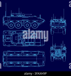 Detailed blueprint of a military armored personnel carrier on a blue background, featuring precise technical contours of its tracks, wheels, and struc Stock Vector