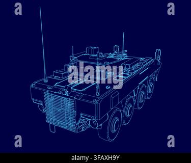 A detailed blueprint of a military armored personnel carrier, presented as a 3D contour model on a solid blue background. Stock Vector