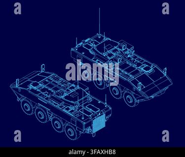 Two armored personnel carriers in blueprint contour on a solid blue technical background. The military schematic illustrates vehicle design and layout Stock Vector