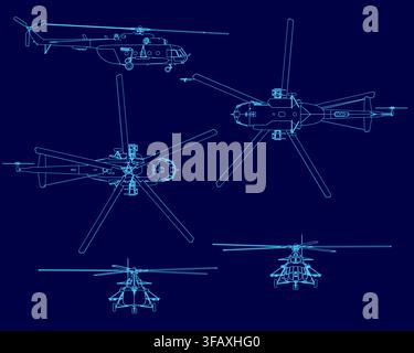 Military helicopter contours in blueprint style, arranged in a line on a solid blue background with clean white outlines. Stock Vector