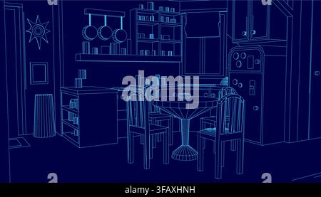 Blueprint kitchen layout for an apartment interior design, featuring a table with chairs, cupboard, refrigerator, and objects on a deep blue backgroun Stock Vector