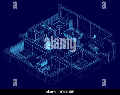 Detailed blueprint of a house floor plan on a blue background, highlighting the kitchen and living room layout. This architectural wireframe provides Stock Vector