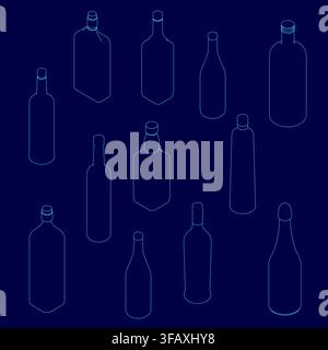 A pack of white contour bottles with unique shapes and sizes arranged in a neat pattern against a solid blue background. Stock Vector