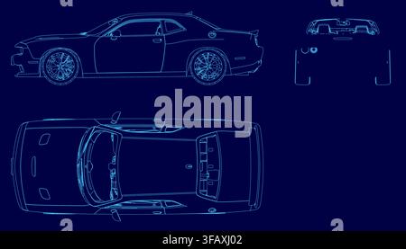 Detailed blueprint of a classic muscle car contour on a blue background, highlighting the headlights, grille, and distinctive wheels. Stock Vector