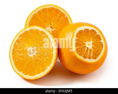 Fresh Navel Oranges Whole and Halved Showing Pulp Stock Photo