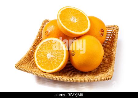 Fresh Navel Oranges Whole and Halved Showing Pulp Stock Photo