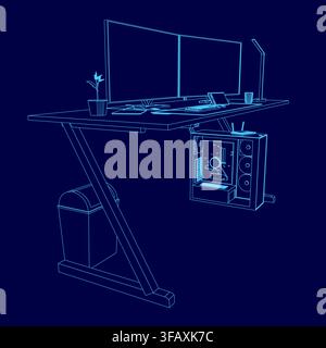 A modern computer setup with dual monitors and a keyboard on a desk, featuring a potted plant and a speaker against a clean blue background. Stock Vector