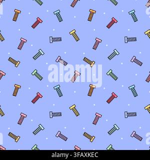 Colorful bolts and screws with small white stars in a seamless repeat pattern on a periwinkle blue background. Fun hardware vector design for fabric, Stock Vector