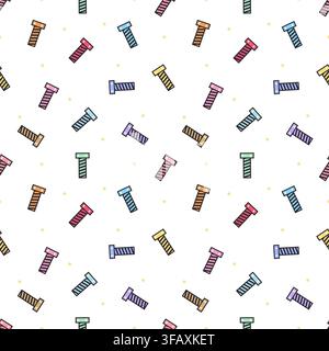 Seamless pattern featuring colorful bolts, screws and fasteners with small yellow sparkles on a white background. Playful hardware vector design for w Stock Vector