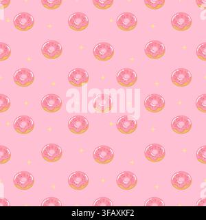 Cute seamless pattern with pink frosted donuts, colorful sprinkles and yellow sparkles on a pastel pink background. Sweet bakery vector design for wra Stock Vector