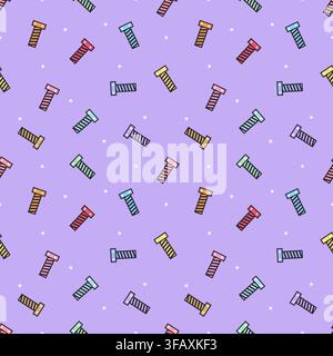 Seamless pattern of colorful bolts and screws decorated with white stars on a pastel purple background. Playful hardware vector illustration for texti Stock Vector