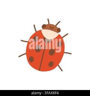 Cute red ladybug character vector illustration with dark spots and smiling face. Summer garden beetle isolated on white background Stock Vector