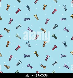 Playful seamless pattern featuring colorful bolts and screws with white stars on a light blue background. Hardware themed vector illustration for fabr Stock Vector