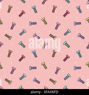 Colorful bolts and screws with white stars arranged in a seamless repeat pattern on a pastel pink background. Playful hardware vector design for fabri Stock Vector