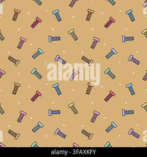 Seamless repeat pattern featuring colorful bolts, screws and white stars on a warm tan beige background. Playful hardware vector design for fabric, wa Stock Vector
