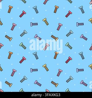 Colorful bolts and screws with white stars arranged in a seamless pattern on a bright sky blue background. Fun hardware vector design for fabric, wall Stock Vector