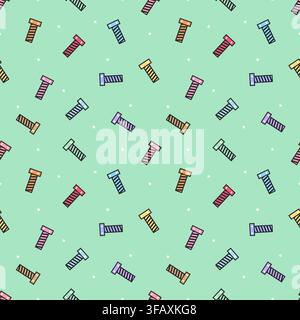 Colorful bolts and screws with white star accents arranged as a seamless pattern on a mint green background. Cute hardware vector design for fabric, w Stock Vector