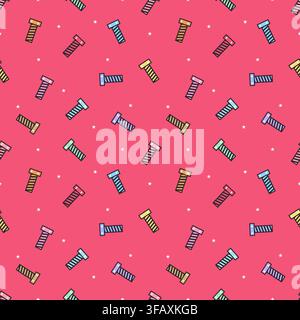 Colorful bolts and screws with white stars in a seamless repeating pattern on a vibrant coral pink background. Playful hardware vector design for fabr Stock Vector