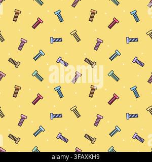 Playful seamless pattern of colorful bolts and screws with white stars on a soft yellow background. Hardware themed vector design for textiles, wallpa Stock Vector