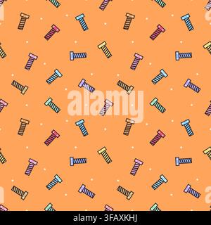Playful seamless pattern featuring colorful bolts and screws with white stars on a warm orange background. Hardware themed vector design for textile, Stock Vector