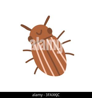 Cute brown striped beetle character vector illustration with antennae. Summer garden bug isolated on white background Stock Vector
