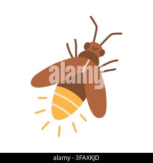 Cute glowing firefly character vector illustration with bright yellow light. Night garden insect isolated on white background Stock Vector