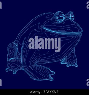 A plump blue frog with a wireframe contour rests on a dark blue background. The intricate line art creates a striking visual contrast. Stock Vector