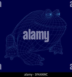 A plump frog 3D model in detailed wireframe style sits on a solid blue background, showcasing realistic digital rendering. Stock Vector