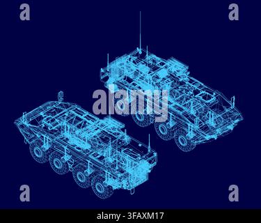 Detailed blueprint of two armored personnel carriers on a blue background, featuring a precise technical wireframe illustration. Stock Vector