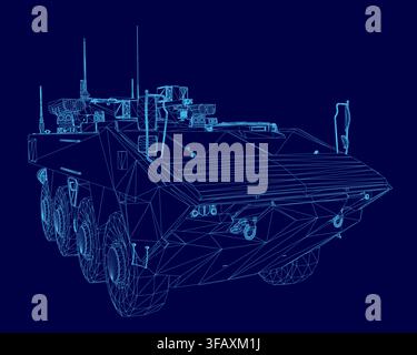 A detailed blueprint of a military armored personnel carrier, presented as a technical wireframe illustration on a dark blue background. Stock Vector